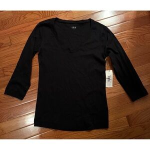 Three Dots Black 3/4 Sleeve V Neck Top (NWT)